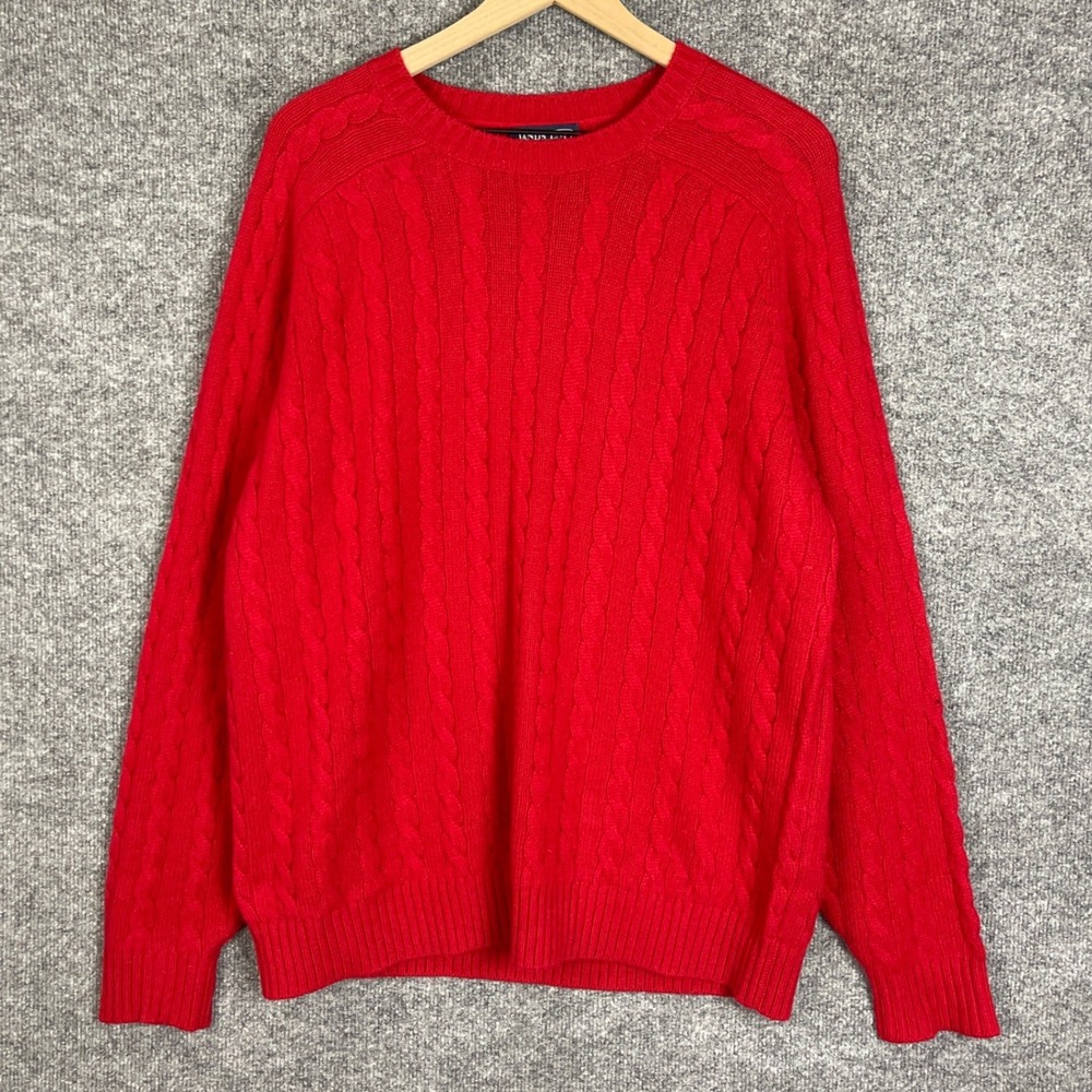 Lands End Cable Knit Sweater Mens L Red 100% Cashmere Crew Neck